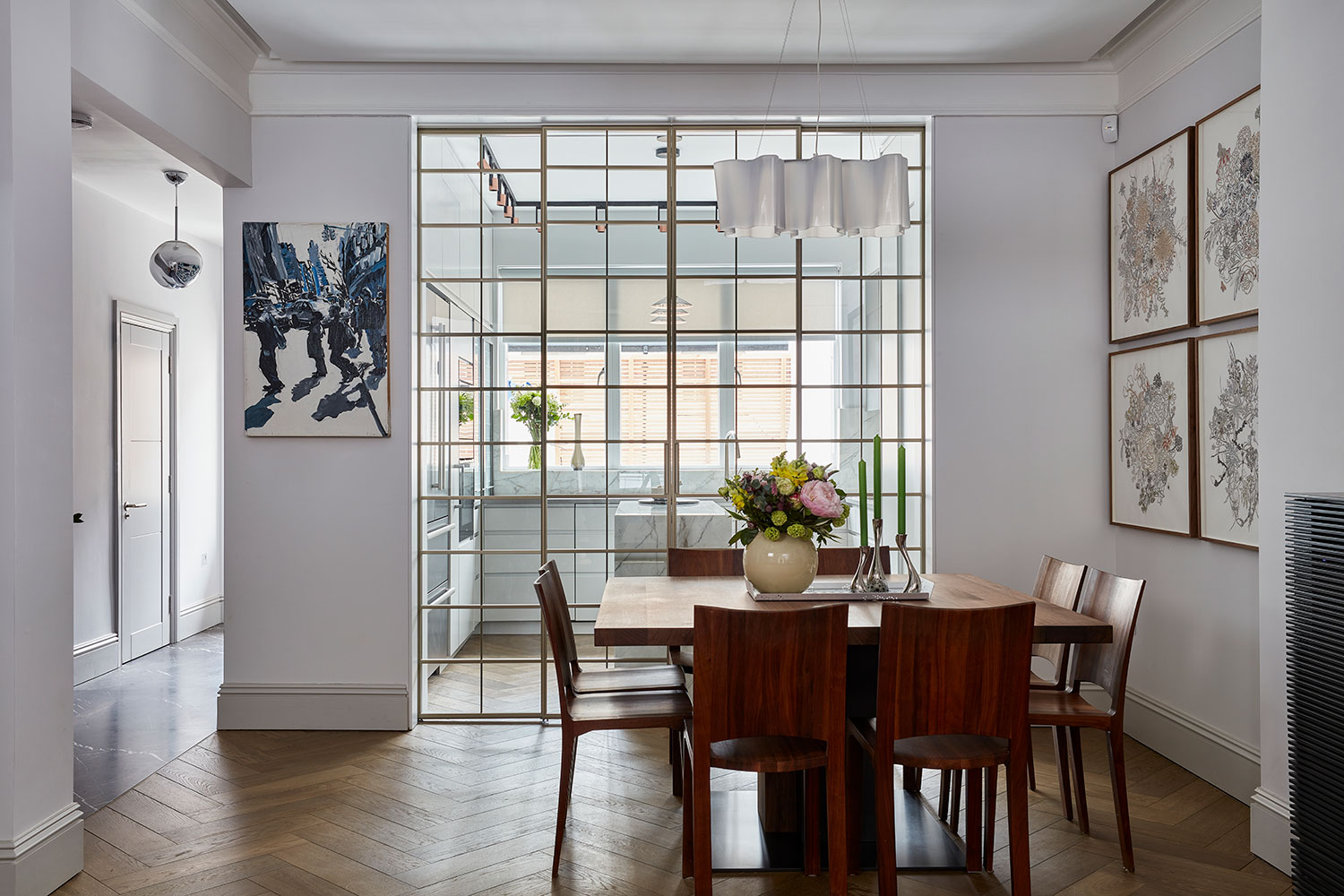 Luxury open plan living and dining room in high end duplex apartment, Marylebone, London